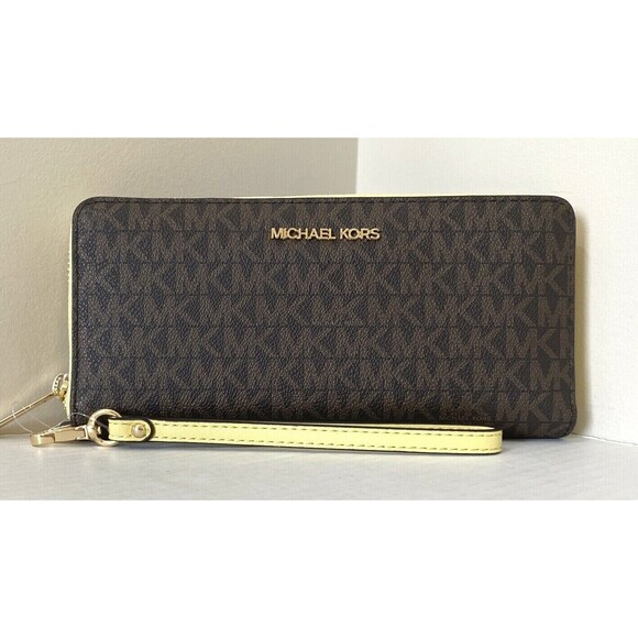 New Michael Kors Jet Set Large Travel Continental Wallet Brown / Buttercup - Picture 1 of 5